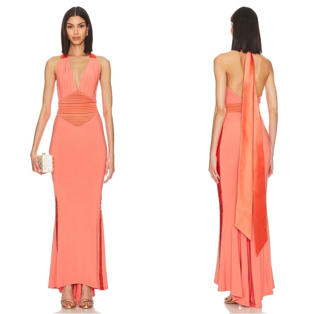 ZHIVAGO Music Is Magic Halterneck Draped Tie Back Orange Maxi Dress Size 2